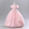 Champagne Flower Girl Dress For Wedding Lace Applique Shining Puffy Short Sleeve Kids Birthday Princess First Communion Gown 240312