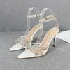 Jurk Schoenen Vrouw 2024 Tren Witte Kristallen Band Puntige Open Teen Hoge Hakken Sexy Stiletto Sandalen Fashion Party vrouwen