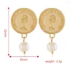 Boucles d'oreilles pendantes Skute Vintage personnalité couleur or Portrait pièce pour femmes mode Imitation perle goutte fête bijoux Aretes