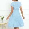 Spring and Summer New Short Sleeve Floral Lace Up Waist Pleated Dress for Women in 3 Colors