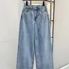 Jeans pour femmes jambe large femmes bleu clair lâche strass décoration taille haute mode 2024 printemps femme denim pantalons longs