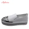 Boots Aphixta Rhineston Round Toe Leather Flats Shoes Women White Bling Laiders Platform Platfor