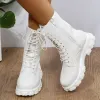 Stiefel Frauen Motorradstiefel Keile flache Schuhe Frau High Heel Plattform PU Lederstiefel Schnüren Frauen Schuhe Schwarze Stiefel Mädchen