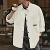 Men's Casual Shirts Retro Style Shirt Cardigan With Turn-down Collar Patch Pockets Solid Color Long Sleeve Button-up For Spring