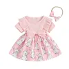 Girl Dresses Baby 2 Piece Set Round Neck Short Sleeve Print Romper Dress 3D Bow Headband Infant Toddler Easter Outfits