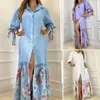 Partykleider Elegante Frauen Revers Hals Lose Langes Kleid Sommer Lässige Spitze Patchwork Drucken Shirts Maxi Einreiher Strand