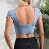 T-shirts pour femmes Version coréenne Sexy sans manches U-cou Denim Top Slim Fit T-shirt avec dos nu simple boutonnage été vêtements courts