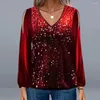 Women's Blouses Women Off-the-shoulder Top Elegant Sequin Patchwork V Neck Blouse For Stylish Hollow Out Lantern Sleeve Pullover Soft