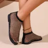 HBP Non-Brand Women Lady Diamonds Mesh Fishnet Shoes Flat Sandals for