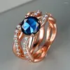 Bröllopsringar Kvinnliga kristallblå runda zirkonstenförlovningsring Set Luxury Rose Gold Color Jewelry for Women