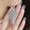 Dangle Earrings Exaggerated Elegant Feather Drop Ladies Delicate Pink CZ Leaves Earing Dangler Wedding Engagement Bridal Trendy Jewelry