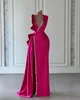 Barbie Pink Sheath Evening Dresses Elegant Ruffle V Neck PROMEDING PEADING SATIN Dresses For Special Eccesions Split Sweep Train Robe de Soiree