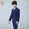 Nimble Spring Autumn Formal Boy Suit Zestaw dla dzieci Party Gospodarz Wedding Costume Hurtowe Ubranie Spodnie Kamizelka 3PCS Blue Blazer 240304