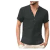 Laaggeprijsde heren effen kleur opstaande kraag half open voorkant dunne korte mouwen shirt top voor kleding