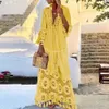 Lente/zomer lange jurk Boheemse V-hals kanten jurk met kwastjes en patchwork in strandvakantiestijl
