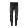 Designer Brand Herr Black Slim Fit Jeans Knee midja Flower Patch Summer Ny ljusblå trend