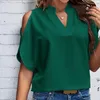Kadın bluzları kısa kollu gömlek şık v yaka soğuk omuz bluzu gevşek uyumlu düz renk kazak şık için zarif