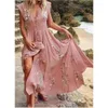 Novo verão feminino com decote em v praia francesa boêmio vestido de impressão