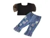 Zestawy odzieży moda dziewczynka siatka z krótkim rękawem okrągła szyjka górna kieszeń z rozrytymi dżinsami ubrania dla dzieci 15T9469438