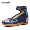 Laarzen Veoowalk Women's ingeklopt canvas schoenen 7 cm verborgen hoge hakplatforms bloem geborduurde enkelband dames denim katoenen pompen