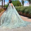 Açık yeşil şampanya meksika quinceanera elbise ile cape lüks aplike korse balo up vestido 15 quinceaneras