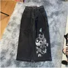 Jeans masculinos JNCO Mens Jeans Y2k Skate Hip Hop Sports Baggy Jeans Low Rise Cargo Black Jeans Harajuku Calças Retas Streetwear Winter01 757