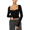 Dames T-shirts Jaren 2000 Y2k Off-the-shoulder T-shirt met lange mouwen Uitgaan Slim Fit Ruches Basic Crop Top Skinny strak T-shirt Preppie