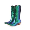 Botas 2024 mulheres joelho alto salto quadrado redondo dedo do pé senhoras curto bling pu couro moda deslizamento no vestido outono sapatos femininos