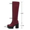 Boots Sexy Knee-high Pu Square High Heels For Women Fashion All-Match Shoes 2024 Fall Winter Booties Female Plus Size 34-43