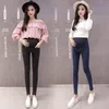 Calça jeans justa para mulheres grávidas primavera e outono para emagrecimento, cintura alta, suporte de cintura e calças para pés pequenos