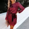 Casual Dresses Sequin Dress for Women Långärmad Crewneck Sparkly Glitter Mini Elegant Wedding Cocktail Party