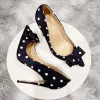 ブーツTikicup Polka Dot Women Black Satin Stiletto High Heill With Bowknotシックな女性デザイナードレスシュー