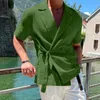 Chemises décontractées pour hommes Collier de costume Tendance de la mode Linge de coton solide avec revers en V à lacets à manches courtes Business