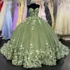 Green Princess Style Lace 3D Florals Quinceanera Dress for Girls Sweep Train Off Shoulder Formal Dress Vestidos de 15