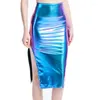 Scenkläder elegant metallisk kjol kvinnor midi hög midja holografisk silver guld fast färg bodycon för fest nattklubb avslappnad y2k