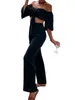 Pantalon élégant pour femmes, ensemble de vêtements froncés à fleurs 3D, demi-manches, épaules dénudées, haut court et pantalon droit