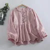 Women's T Shirts Mori Gril Lace Round Neck Embroidery Long Sleeve Doll Shirt