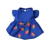 Dog Apparel Breathable Strawberry Princess Dress Soft With Drawstring Buckle Cat Skirt Polyester Traction Denim