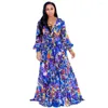 Vêtements ethniques Robes sexy pour femmes 2024 Mode d'été Tropical Print Deep V Ceinture à manches longues Une ligne Casual Vacances Sweet Maxi