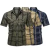 Camisa de lapela masculina xadrez impressão verão manga curta moda militar topos casual streetwear masculino camisas de trabalho exército verde S-5XL 240314