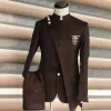 Suits Black Stand Collar Men Suits 2 PCS Wedding Party Groom Safari Costume Homme Gold Button Slim Fit Business Design Blazers