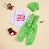 Ensembles de vêtements pour bébés garçons et filles, combinaison de noël, ensemble de lettres de monstre vert imprimé, barboteuse floue, pantalon de costume à bretelles