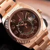 Nuevo estilo Lujo 42 mm Asia 2813 Movimiento Sky-Dweller Chocolate Árabe 326935 Mecánico automático 18 K Oro rosa Hombres Watc219u