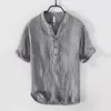 Men's Casual Shirts Vintage Linen For Men Pullover Premium Half Button Short Sleeve Fashion Urban Thin Breathable Loose Top Tees 4XL