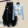 Springsummer Set Women Korean Fashion Bow Sweter Wiek Zmniejszenie pół spódnicy Elegancka dwuczęściowa Dwuczęściowa 240315