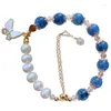 Brin gros bleu sucre coeur cristal Bracelet perles rondes avec pendentif à breloque papillon pour les femmes cadeau bijoux de mode