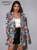 Blazer Woman Spring Fashion Vintage Irregular Print Disual Woman Clothing High Street Long Sleeve Elegant and Youth Blazer 240306