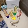 2024 Amina Muaddi Sandals Heeled Shoes Satin Pointed Slingbacks Bowtie Pumps Crystal-Sunflower女性の高級デザイナーパーティーウェディングシューズ