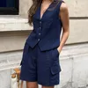 Summer Casual Office Twopiece Women Solid Color Pocket Street Street Suit Fashion Shlee Blazer and Shorts 240326
