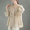 Damesblouses Losvallende, ademende tops Stijlvolle trui met V-hals voor de lente zomer Effen overhemd met halve mouwen en strakke taille